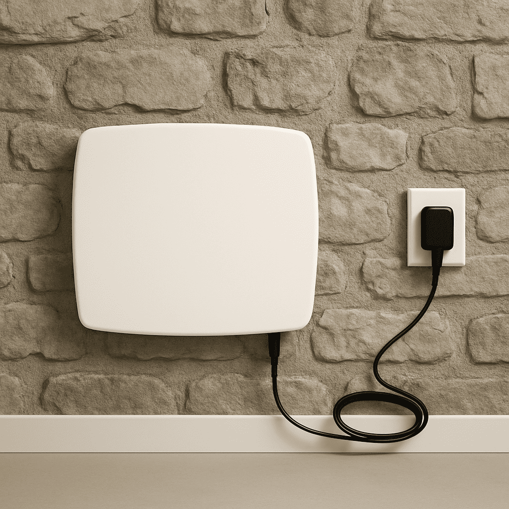 Appareil filaire ATE Pulse blanc installé sur mur en pierre pour traiter l'humidité et les remontées capillaires