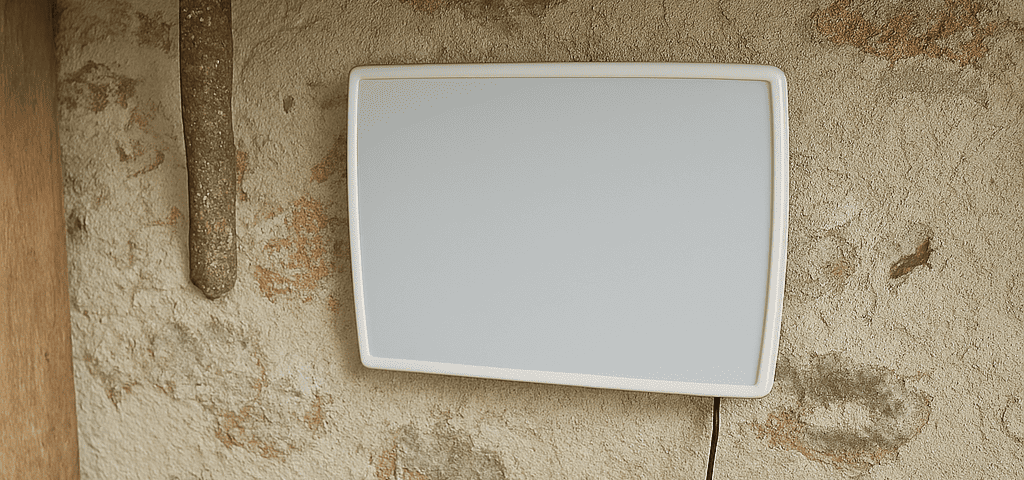 Appareil filaire ATE installé sur un mur humide avec traces de moisissures – Solution pour traiter les remontées capillaires et l'humidité ascensionnelle