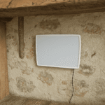 Appareil filaire ATE installé sur un mur humide avec traces de moisissures – Solution pour traiter les remontées capillaires et l'humidité ascensionnelle