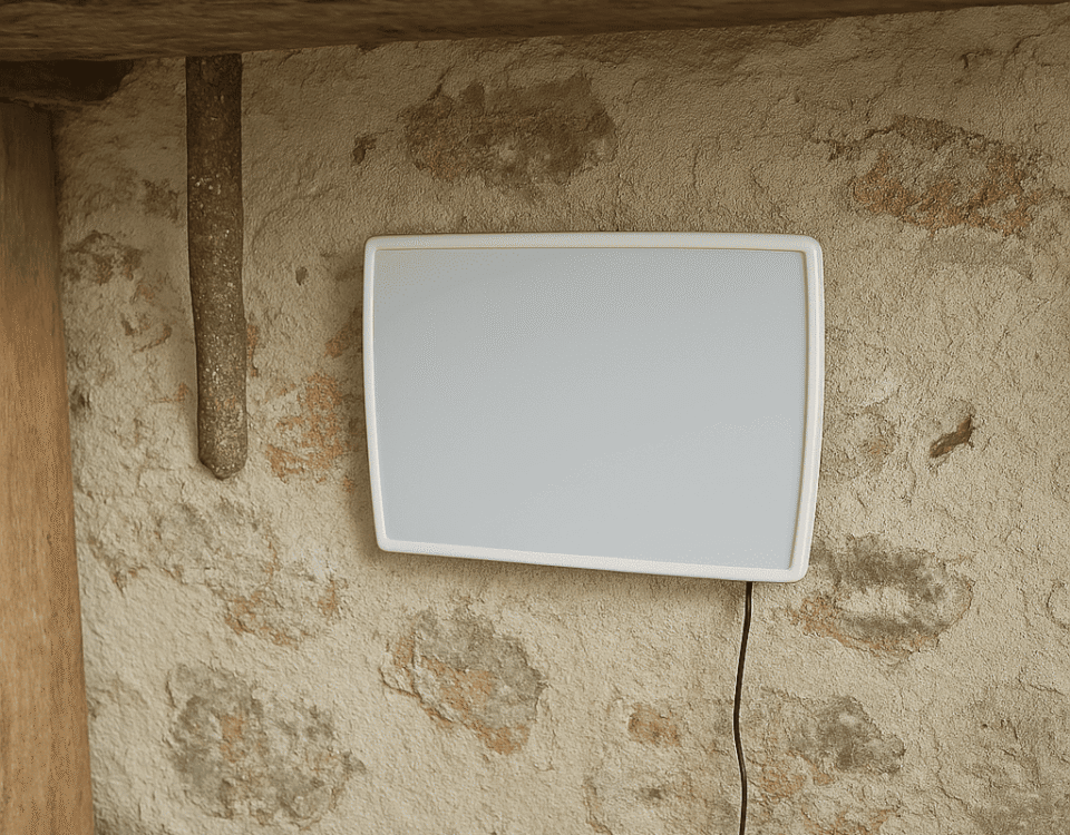 Appareil filaire ATE installé sur un mur humide avec traces de moisissures – Solution pour traiter les remontées capillaires et l'humidité ascensionnelle