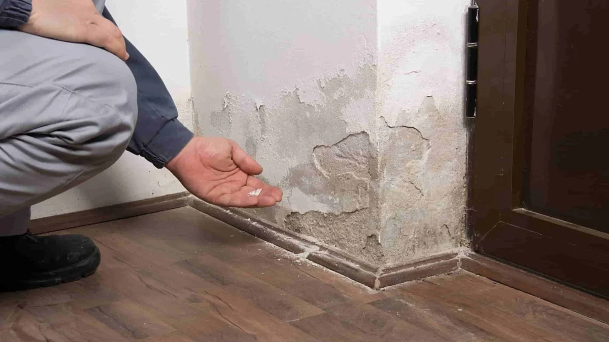 Manchas de humidade e reboco degradado na base da parede