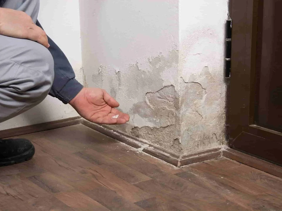 Dégâts d'humidité à la base d'un mur avec remontées capillaires visibles